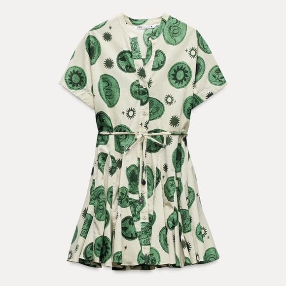 Zara Printed Short Dress ZW Collection NWOT M Green and Ecru 2183/012 - Picture 3 of 3
